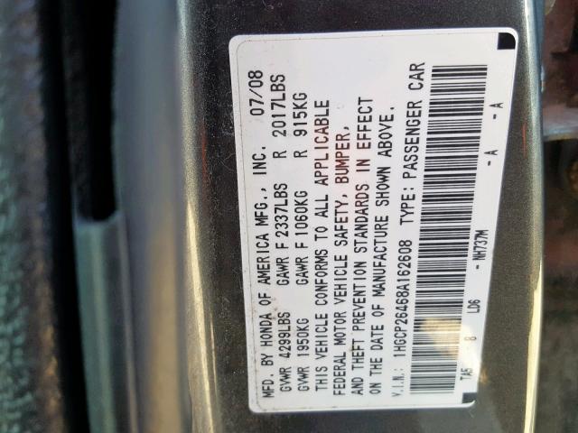 1HGCP26468A162608 - 2008 HONDA ACCORD LXP GRAY photo 10