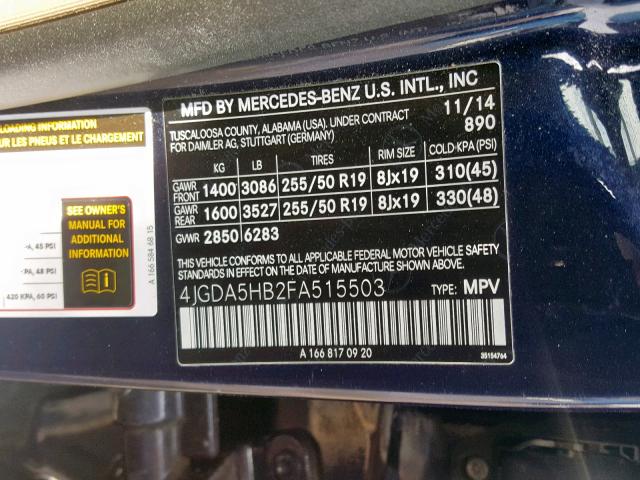 4JGDA5HB2FA515503 - 2015 MERCEDES-BENZ ML 350 4MA BLUE photo 10