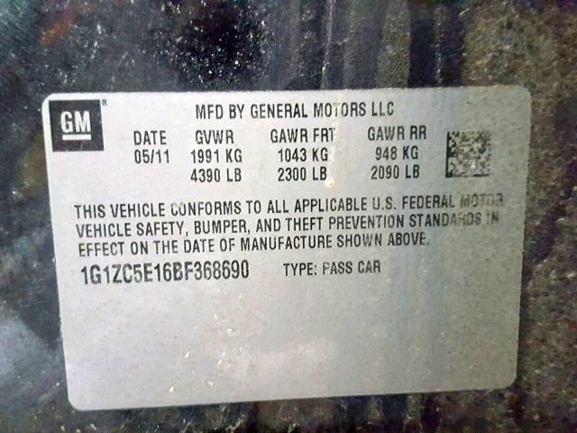 1G1ZC5E16BF368690 - 2011 CHEVROLET MALIBU 1LT შავი ფოტო 10