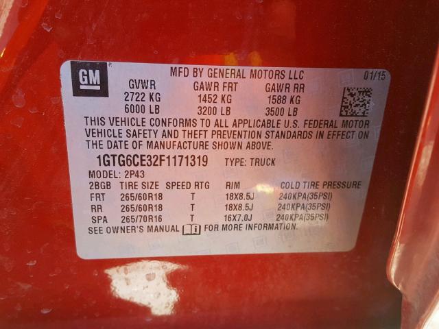 1GTG6CE32F1171319 - 2015 GMC CANYON SLT RED photo 10