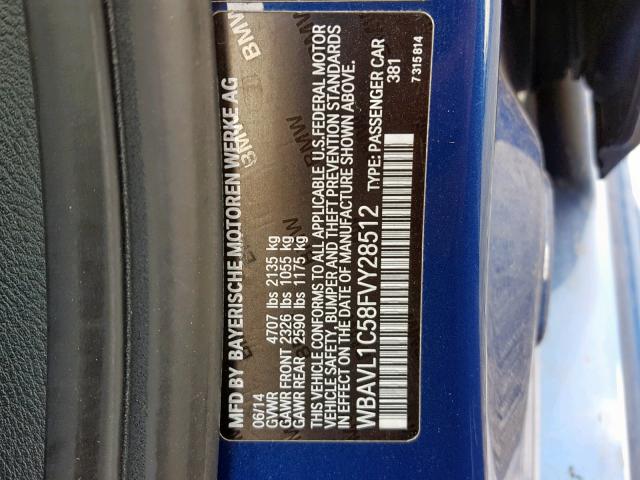 WBAVL1C58FVY28512 - 2015 BMW X1 XDRIVE2 BLUE photo 10