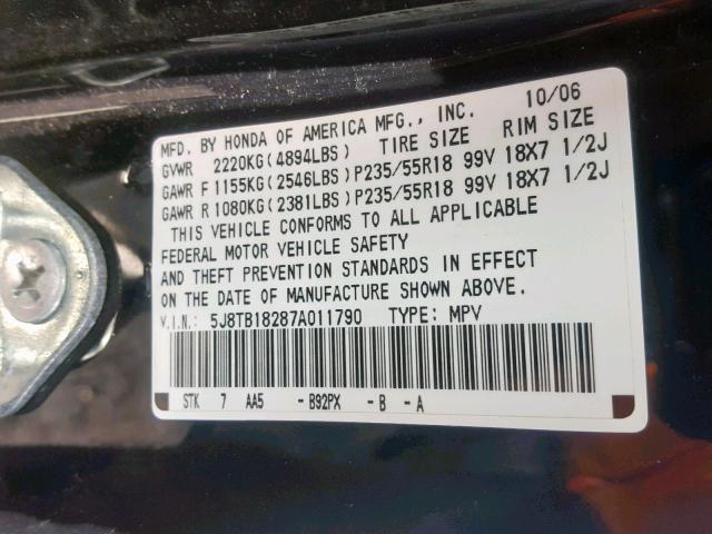 5J8TB18287A011790 - 2007 ACURA RDX BLACK photo 10