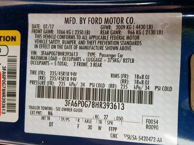 3FA6P0G78HR393613 - 2017 FORD FUSION S BLUE photo 10