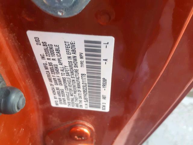 5J6YH28523L011778 - 2003 HONDA ELEMENT EX ORANGE photo 10