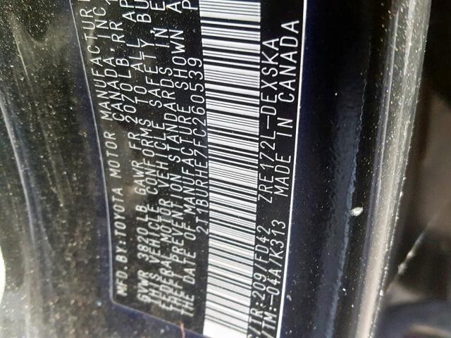 2T1BURHE7FC260539 - 2015 TOYOTA COROLLA L BLACK photo 10