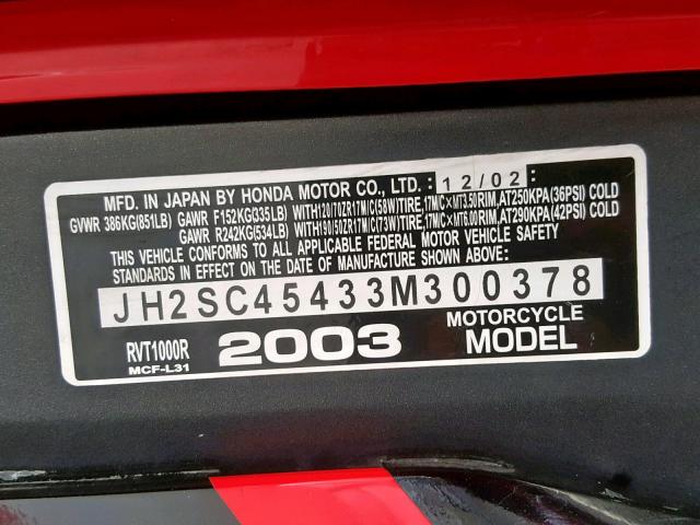 JH2SC45433M300378 - 2003 HONDA RVT1000 R RED photo 20