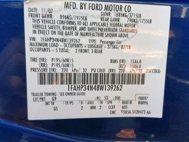 1FAHP34N48W139262 - 2008 FORD FOCUS S/SE BLUE photo 10