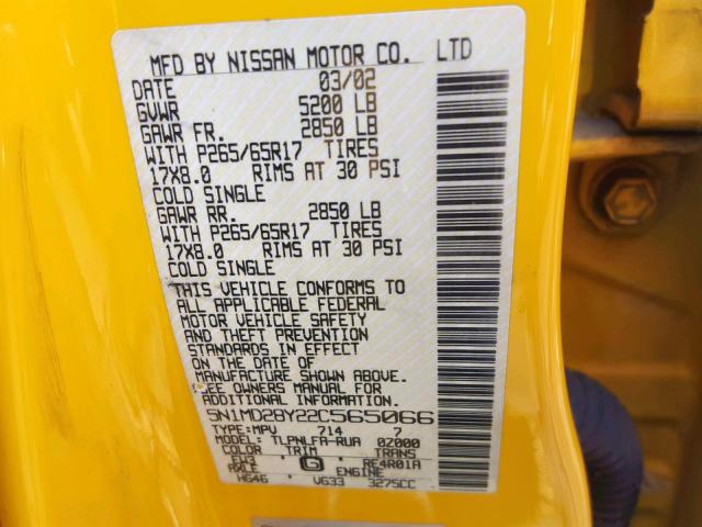 5N1MD28Y22C565066 - 2002 NISSAN XTERRA SE YELLOW photo 10