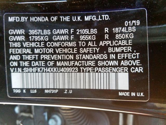 SHHFK7H4XKU409923 - 2019 HONDA CIVIC SPORT  фото 10