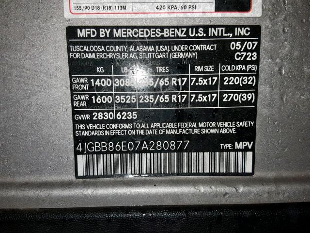 4JGBB86E07A280877 - 2007 MERCEDES-BENZ ML 350 SILVER photo 10