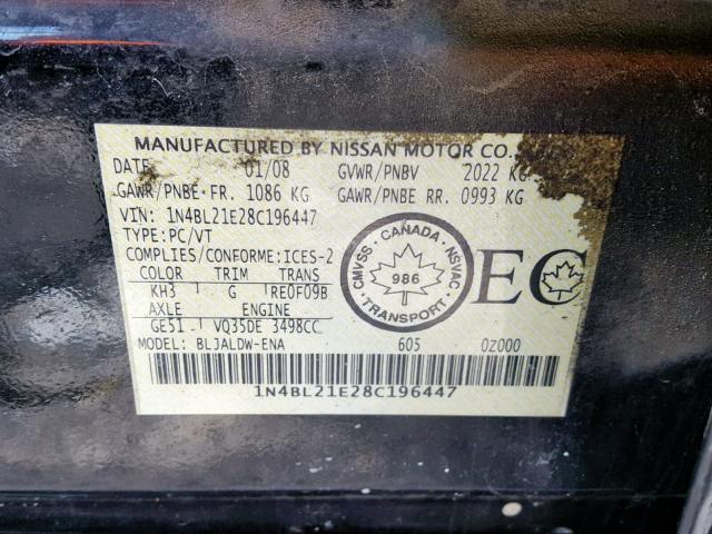 1N4BL21E28C196447 - 2008 NISSAN ALTIMA 3.5 GRAY photo 10