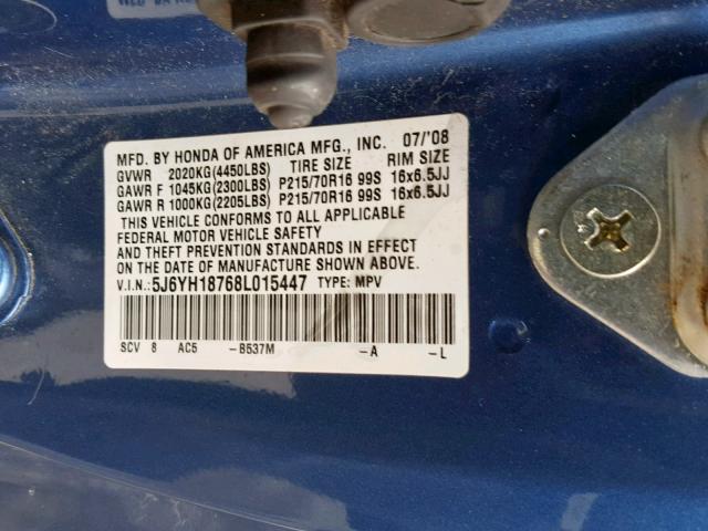 5J6YH18768L015447 - 2008 HONDA ELEMENT EX BLUE photo 10