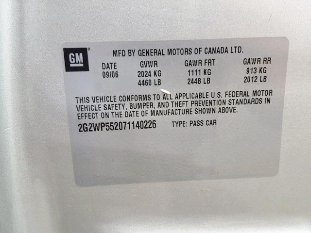 2G2WP552071140226 - 2007 PONTIAC GRAND PRIX SILVER photo 10