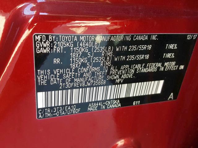 2T3DFREV8JW735668 - 2018 TOYOTA RAV4 LIMIT RED photo 10