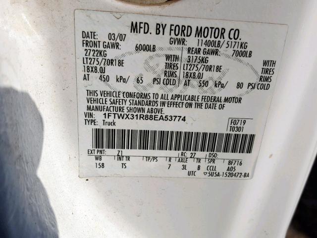 1FTWX31R88EA53774 - 2008 FORD F350 SRW S WHITE photo 10