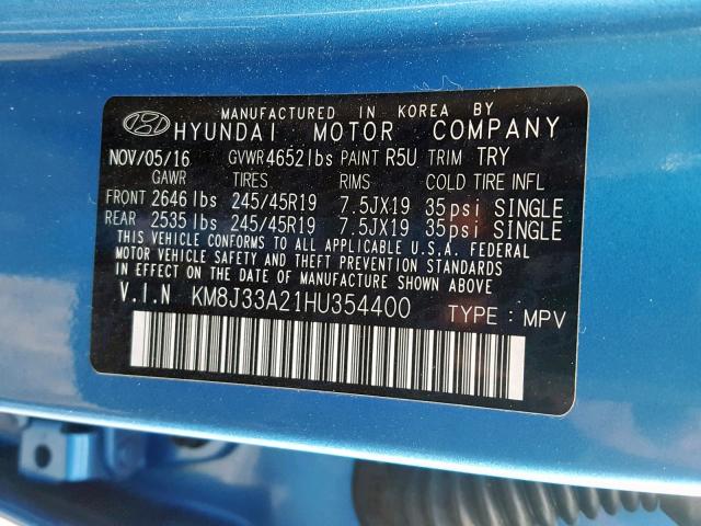 KM8J33A21HU354400 - 2017 HYUNDAI TUCSON LIM BLUE photo 10