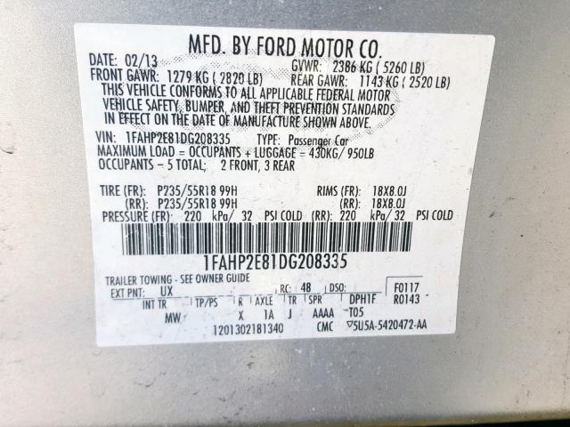 1FAHP2E81DG208335 - 2013 FORD TAURUS SEL SILVER photo 10