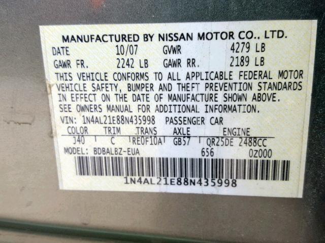 1N4AL21E88N435998 - 2008 NISSAN ALTIMA 2.5 GREEN photo 10