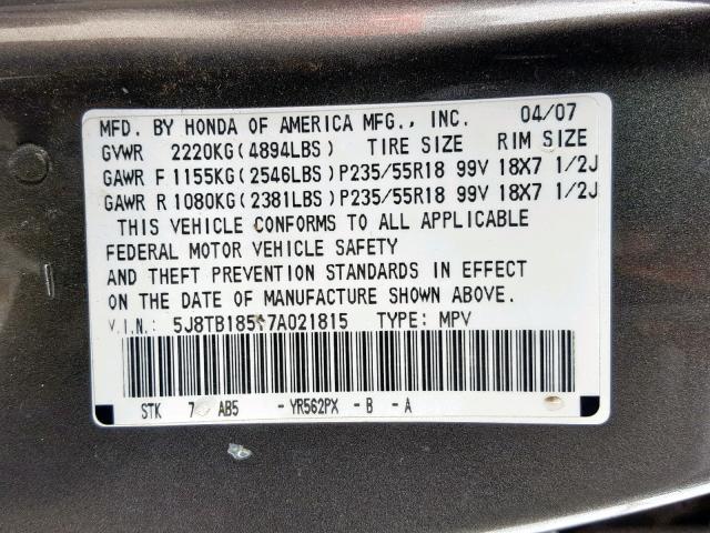 5J8TB18517A021815 - 2007 ACURA RDX TECHNO GRAY photo 10