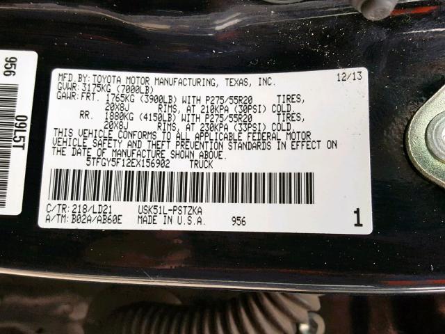 5TFGY5F12EX156902 - 2014 TOYOTA TUNDRA CRE BLACK photo 10