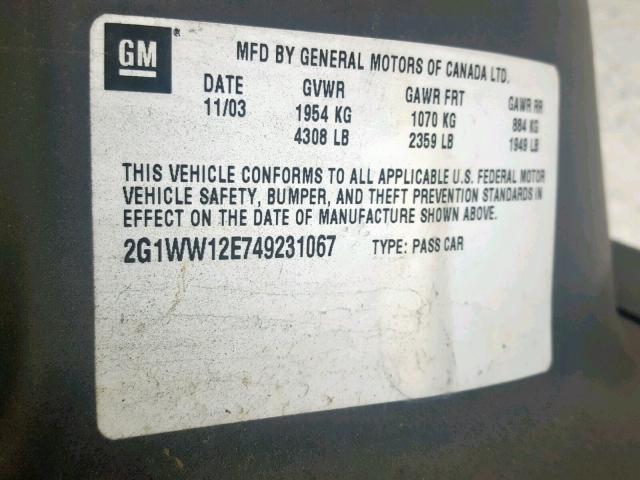 2G1WW12E749231067 - 2004 CHEVROLET MONTE CARL 灰色 照片 10