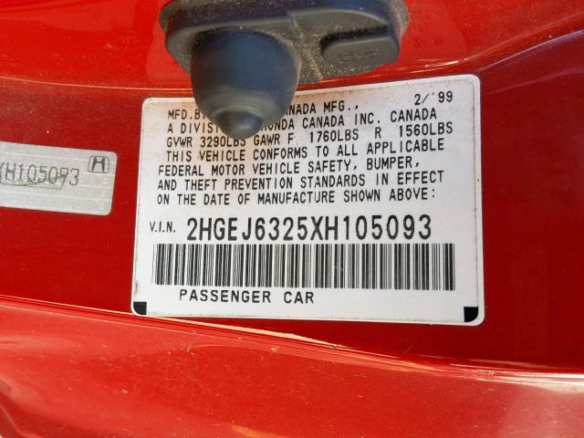 2HGEJ6325XH105093 - 1999 HONDA CIVIC CX RED photo 10