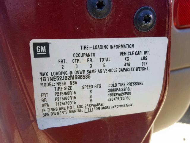 1G1NE52J32M698585 - 2002 CHEVROLET MALIBU LS 栗色 照片 10