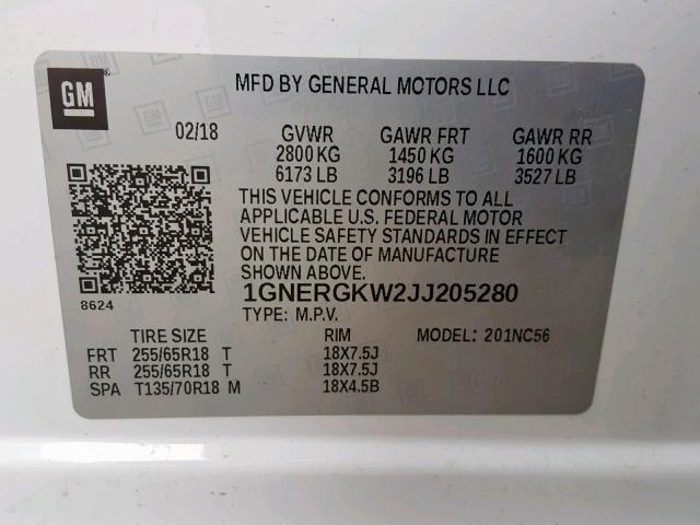 1GNERGKW2JJ205280 - 2018 CHEVROLET TRAVERSE L WHITE photo 10