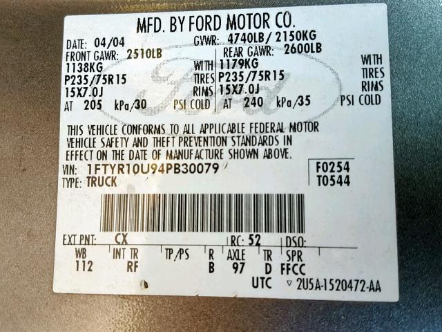 1FTYR10U94PB30079 - 2004 FORD RANGER GRAY photo 10