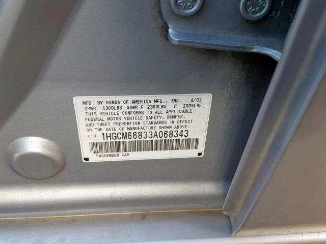1HGCM66833A068343 - 2003 HONDA ACCORD EX SILVER photo 10