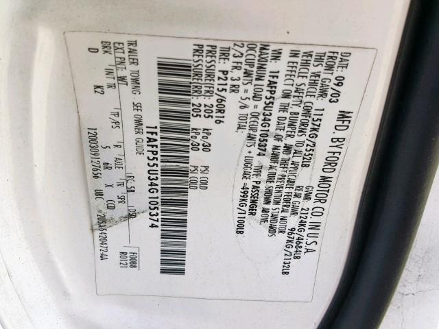 1FAFP55U34G105374 - 2004 FORD TAURUS SES WHITE photo 10