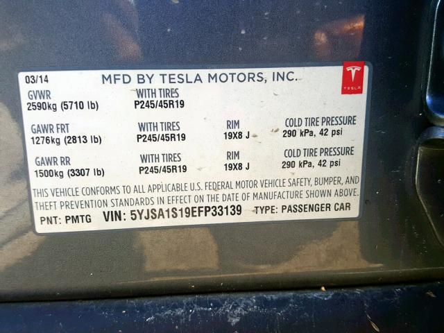 5YJSA1S19EFP33139 - 2014 TESLA MODEL S GRAY photo 10