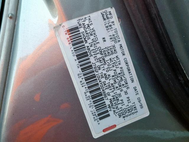 JT6GF10U4Y0048867 - 2000 LEXUS RX 300 GRAY photo 10