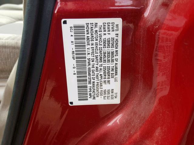 5FNRL18554B137592 - 2004 HONDA ODYSSEY LX RED photo 10