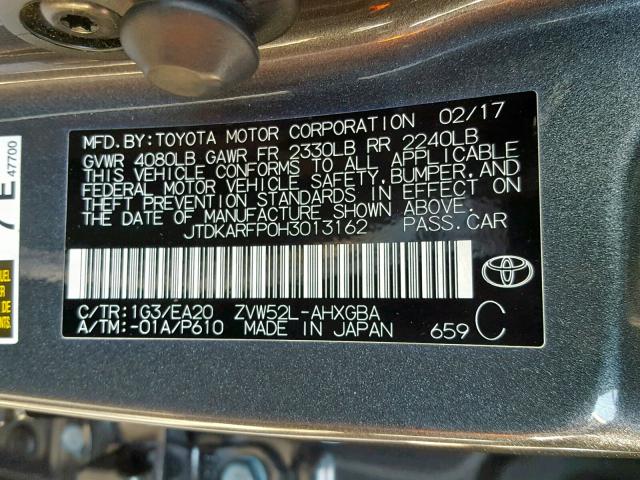 JTDKARFP0H3013162 - 2017 TOYOTA PRIUS PRIM ნაცრისფერი ფოტო 10