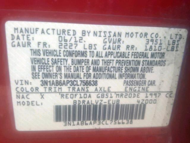 3N1AB6AP3CL756638 - 2012 NISSAN SENTRA 2.0 RED photo 10