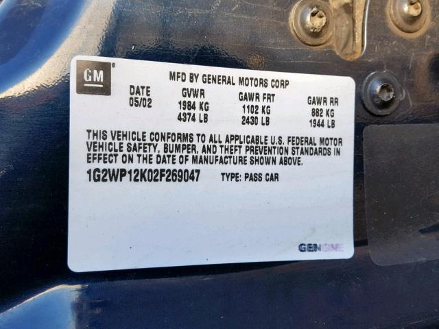 1G2WP12K02F269047 - 2002 PONTIAC GRAND PRIX BLUE photo 10