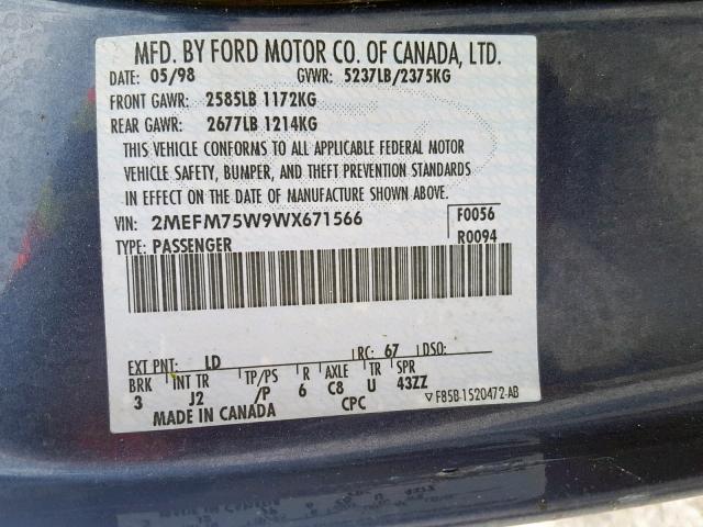 2MEFM75W9WX671566 - 1998 MERCURY GRAND MARQ BLUE photo 10