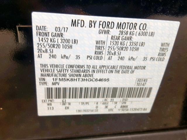 1FM5K8HT3HGC64695 - 2017 FORD EXPLORER P BLACK photo 10