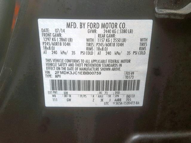 2FMDK3JC1EBB00759 - 2014 FORD EDGE SEL BLACK photo 10