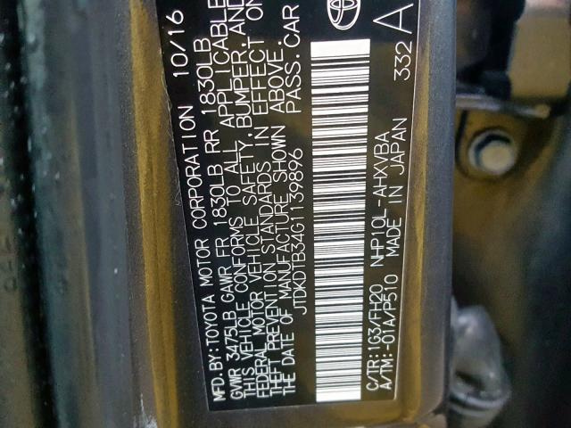 JTDKDTB34G1139896 - 2016 TOYOTA PRIUS C GRAY photo 10