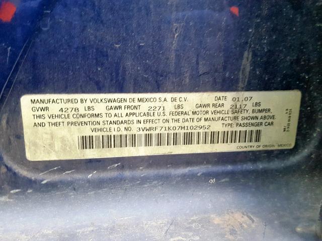 3VWRF71K07M102952 - 2007 VOLKSWAGEN JETTA 2.5 BLUE photo 10