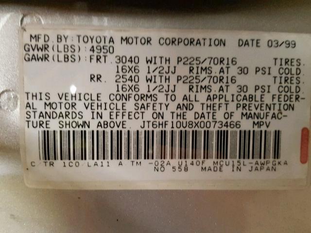 JT6HF10U8X0073466 - 1999 LEXUS RX 300 GRAY photo 10