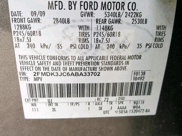 2FMDK3JC6ABA33702 - 2010 FORD EDGE SEL GRAY photo 10