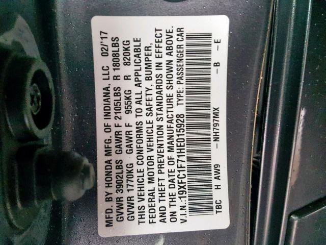 19XFC1F71HE015928 - 2017 HONDA CIVIC EXL GRAY photo 10