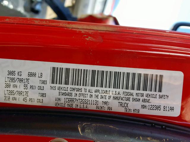 1C6RR7YT2GS211131 - 2016 RAM 1500 REBEL წითელი ფოტო 10