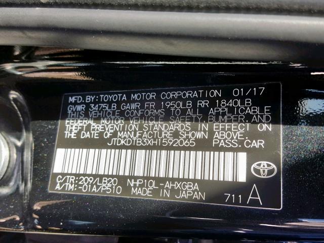 JTDKDTB3XH1592065 - 2017 TOYOTA PRIUS C BLACK photo 10