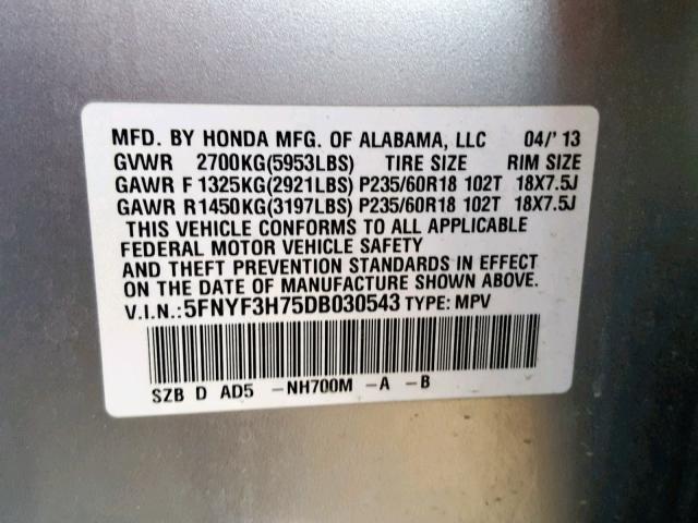 5FNYF3H75DB030543 - 2013 HONDA PILOT EXLN SILVER photo 10