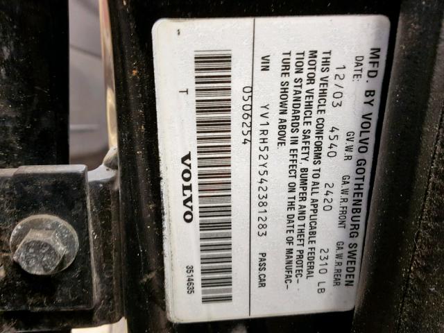 YV1RH52Y542381283 - 2004 VOLVO S60 R BLACK photo 10