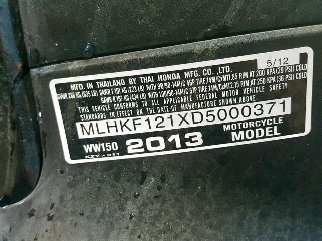 MLHKF121XD5000371 - 2013 HONDA PCX 150 BLACK photo 10